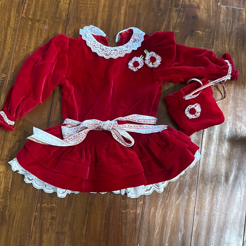 Vintage Red Velvet Lace Christmas Dress Purse Barrettes Nordic Folk 2T